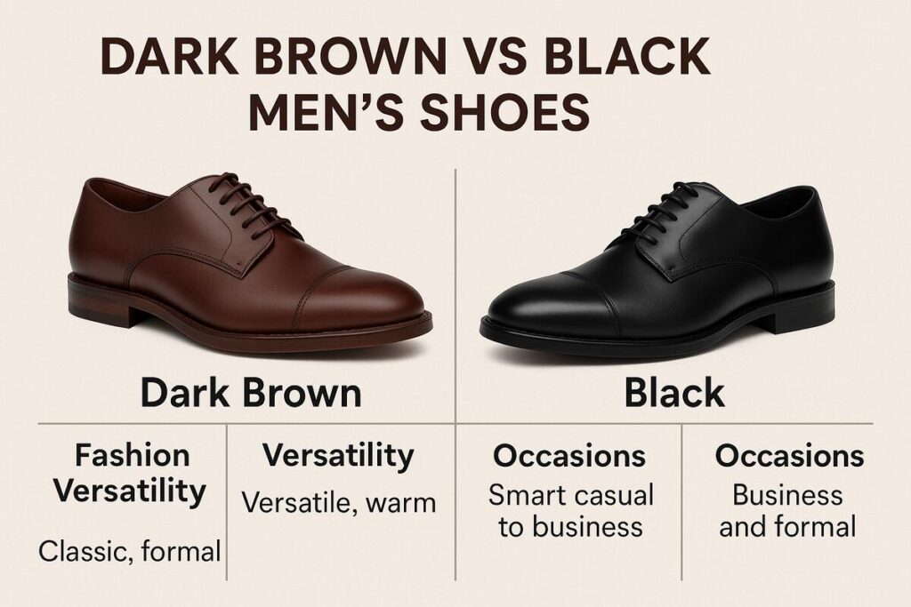 Comparison chart of dark brown men’s shoes vs black shoes for fashion versatility and occasions