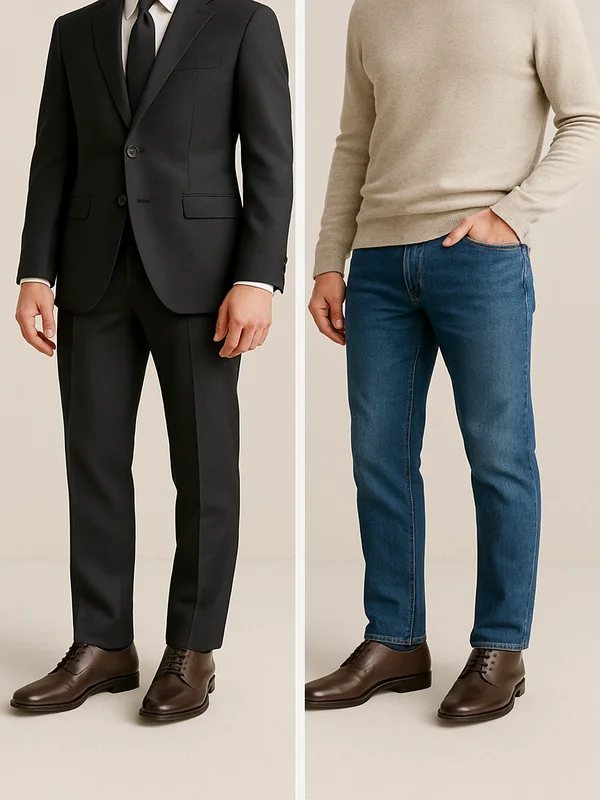 Dark brown men’s shoes styled with formal suit and casual jeans
