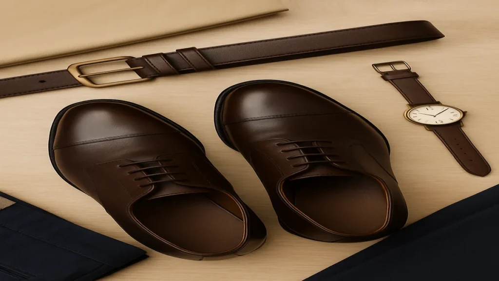 Dark brown men’s shoes with belt and accessories styled for smart outfit