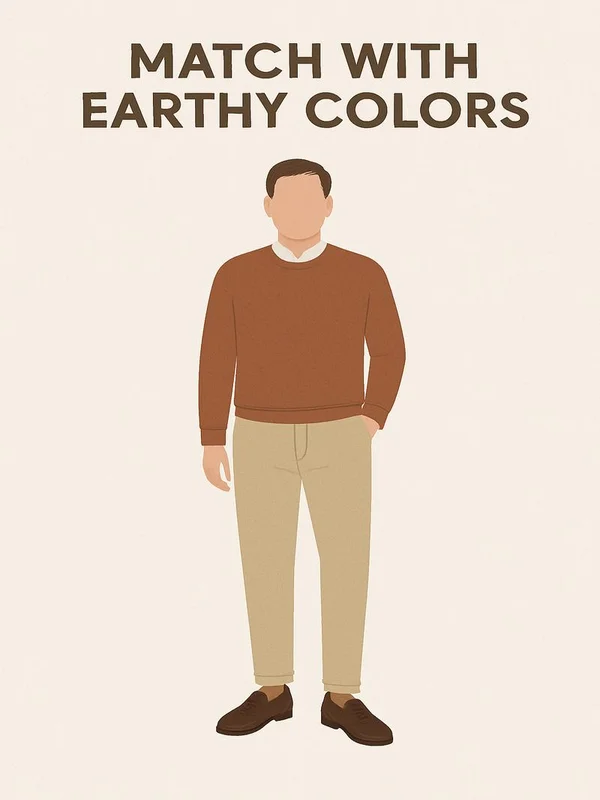 Earth-tone outfit paired with dark brown men’s shoes