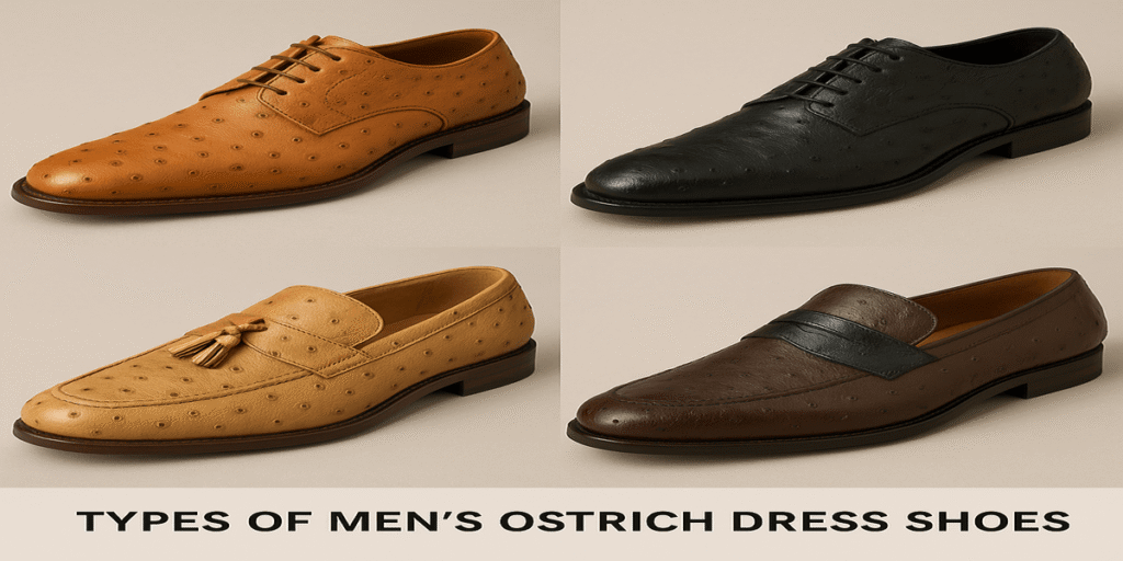 types of Men’s ostrich dress shoes in various colors and styles arranged in a grid
