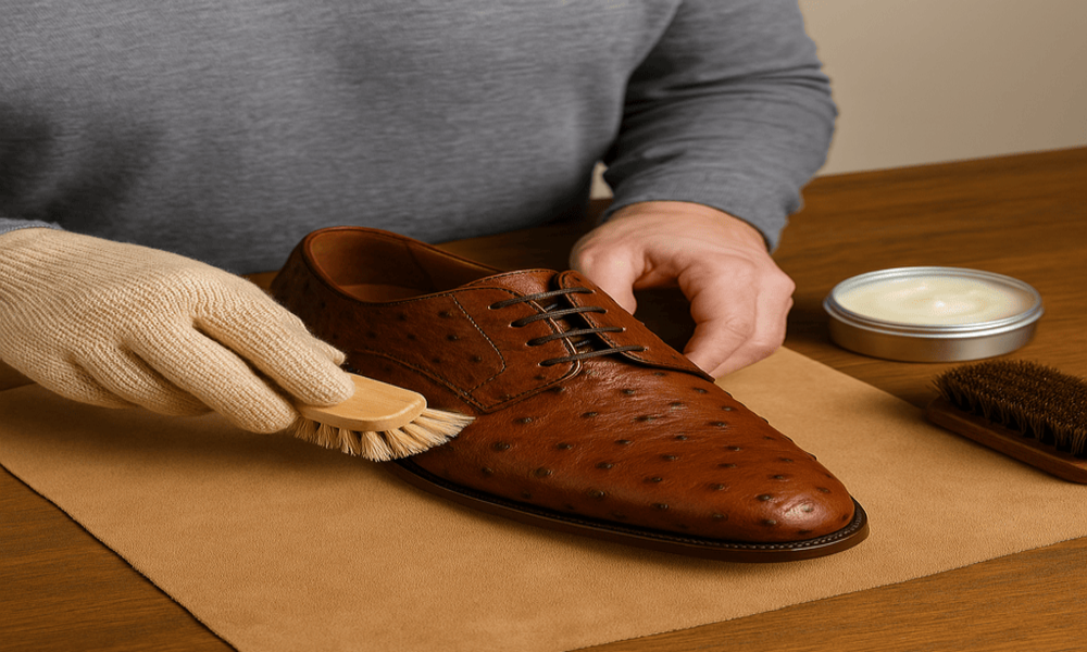 How to clean and care for Men’s ostrich dress shoes using leather conditioner