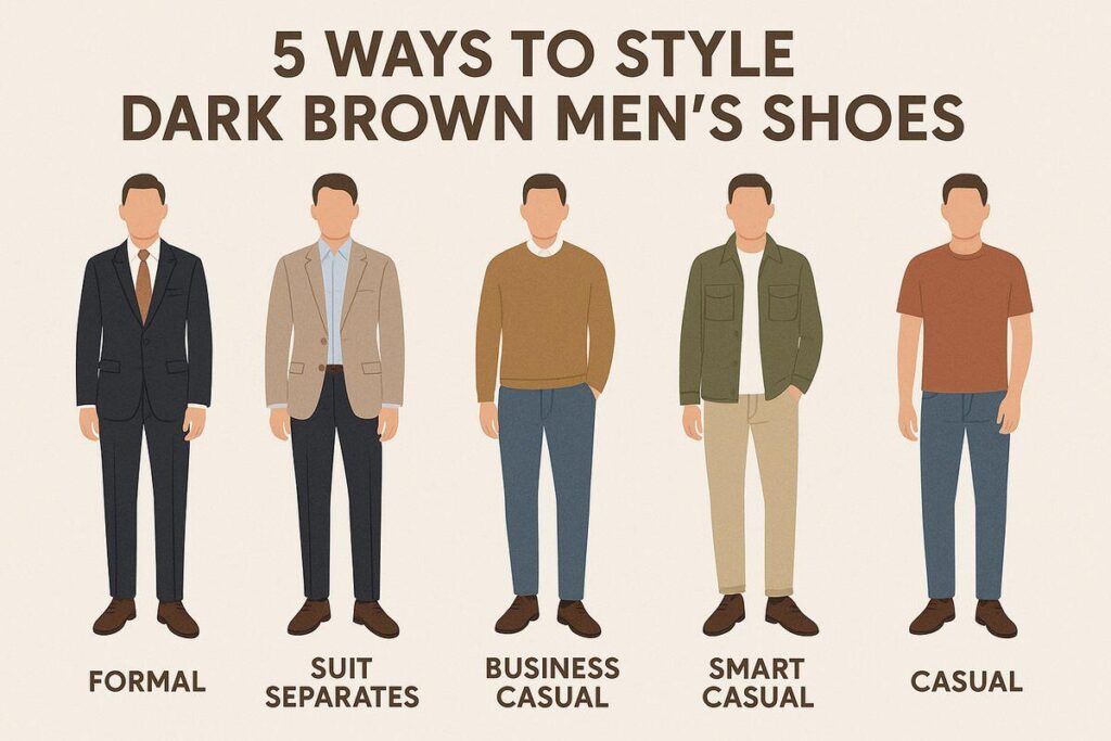 5 outfit ideas for dark brown men’s shoes including formal and casual looks