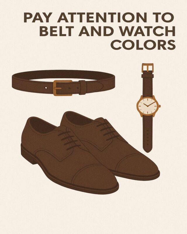 Matching belt and accessories with dark brown men’s shoes