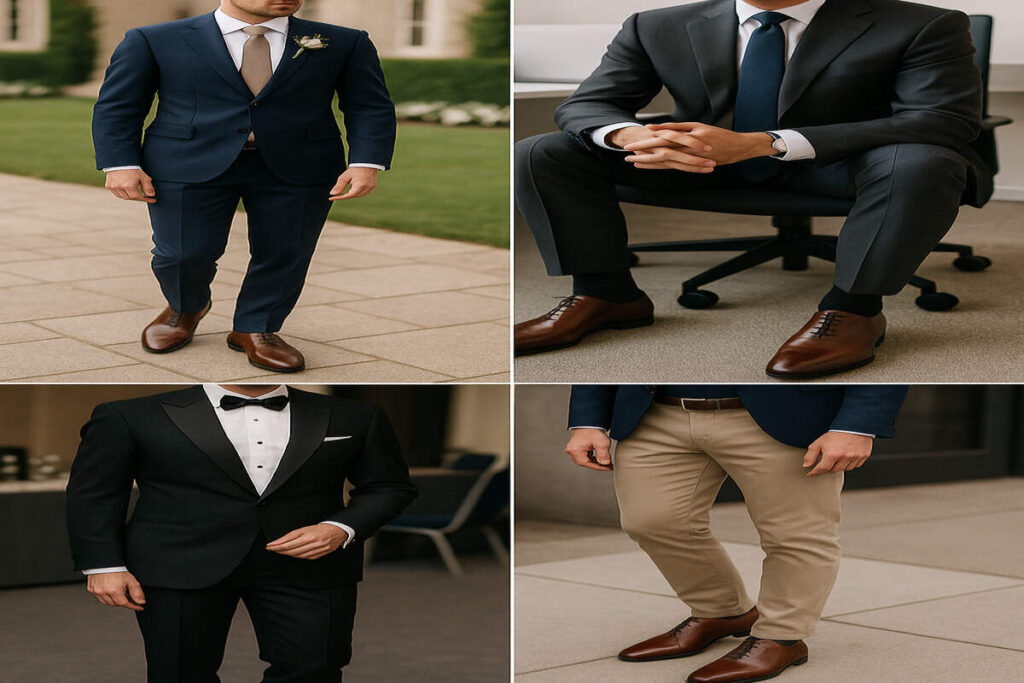 Men wearing elegant wholecut oxford shoes at weddings, business meetings, black-tie events, and smart-casual occasions.