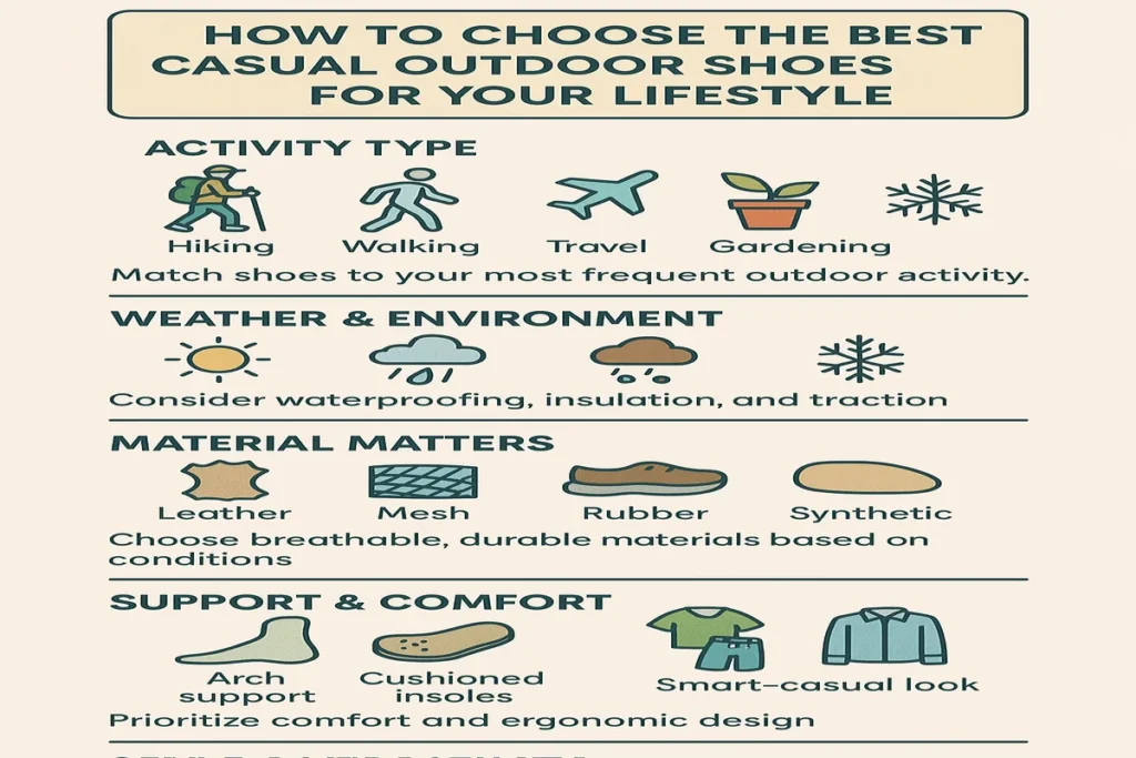 Infographic showing five tips for choosing the best casual outdoor shoes, including activity type, environment, material, support, and style.