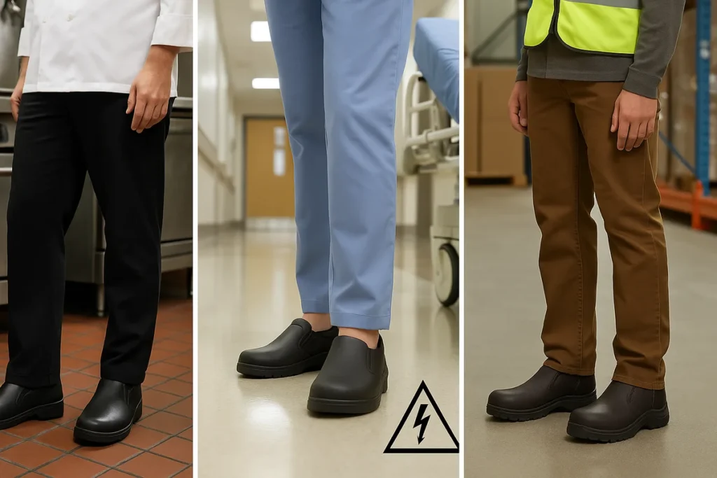 Professionals wearing Slip-On Work Shoe in a kitchen, hospital, and warehouse setting, highlighting safety and comfort features.